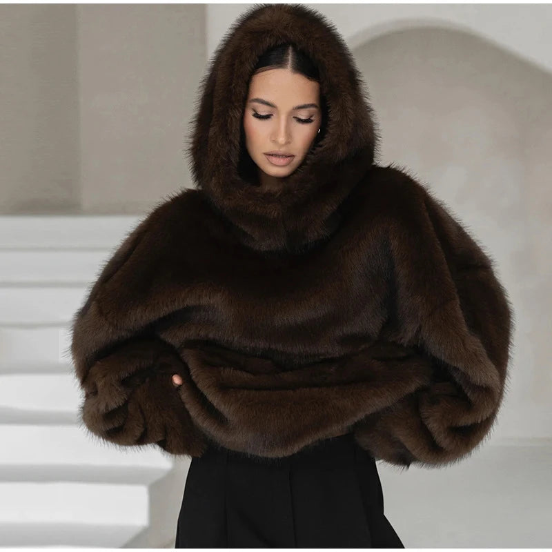 Manteau Fourrure Synthétique à Capuche Femme – Pull Oversize Chaud Marron | Mode Streetwear Automne Hiver
