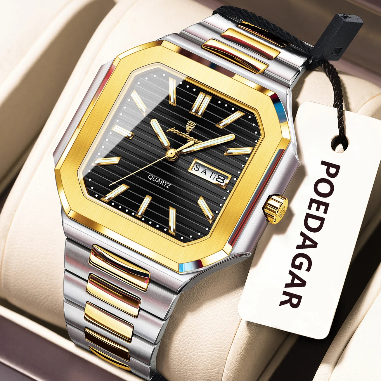 Montre Carrée Luxe Homme Poedagar – Quartz Étanche Lumineuse Date Semaine Acier Inoxydable Fashion