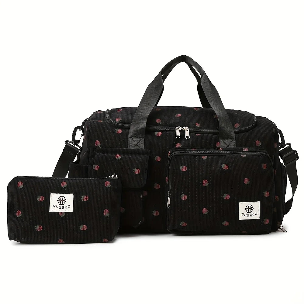 Sac de Voyage Fraise Velours Côtelé – Grande Capacité Bandoulière Léger Sport Fitness Bagage