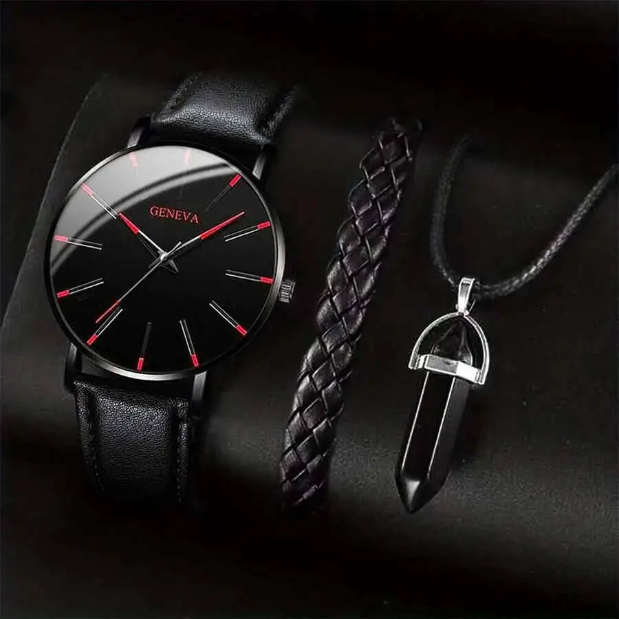 Coffret 3 Pièces Homme Montre Quartz Cuir + Bracelet + Collier – Set Business Fashion Élégant