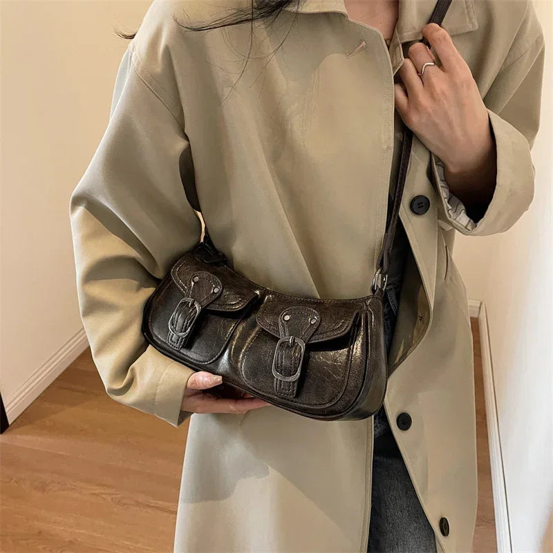 Sac Épaule Femme Cuir PU Double Poches Tendance 2025 – Sac Crossbody Underarm Chic