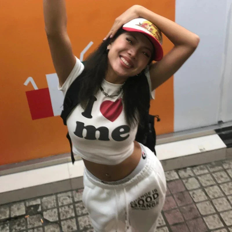 Crop Top Femme Y2K Harajuku Imprimé I Love ME Manches Courtes Sexy Vintage 2000s – T-Shirt Court Été | Streetwear