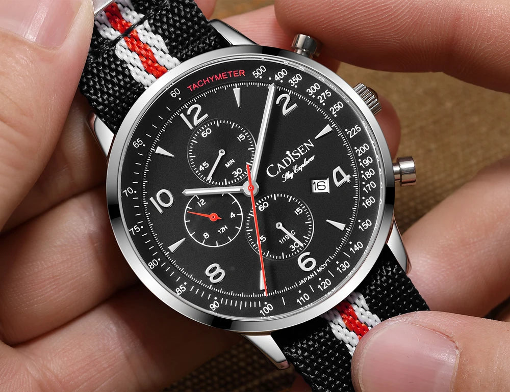 Montre Homme Luxe CADISEN Chronographe Quartz Japonais MIYOTA Bracelet Toile – Étanche Fashion