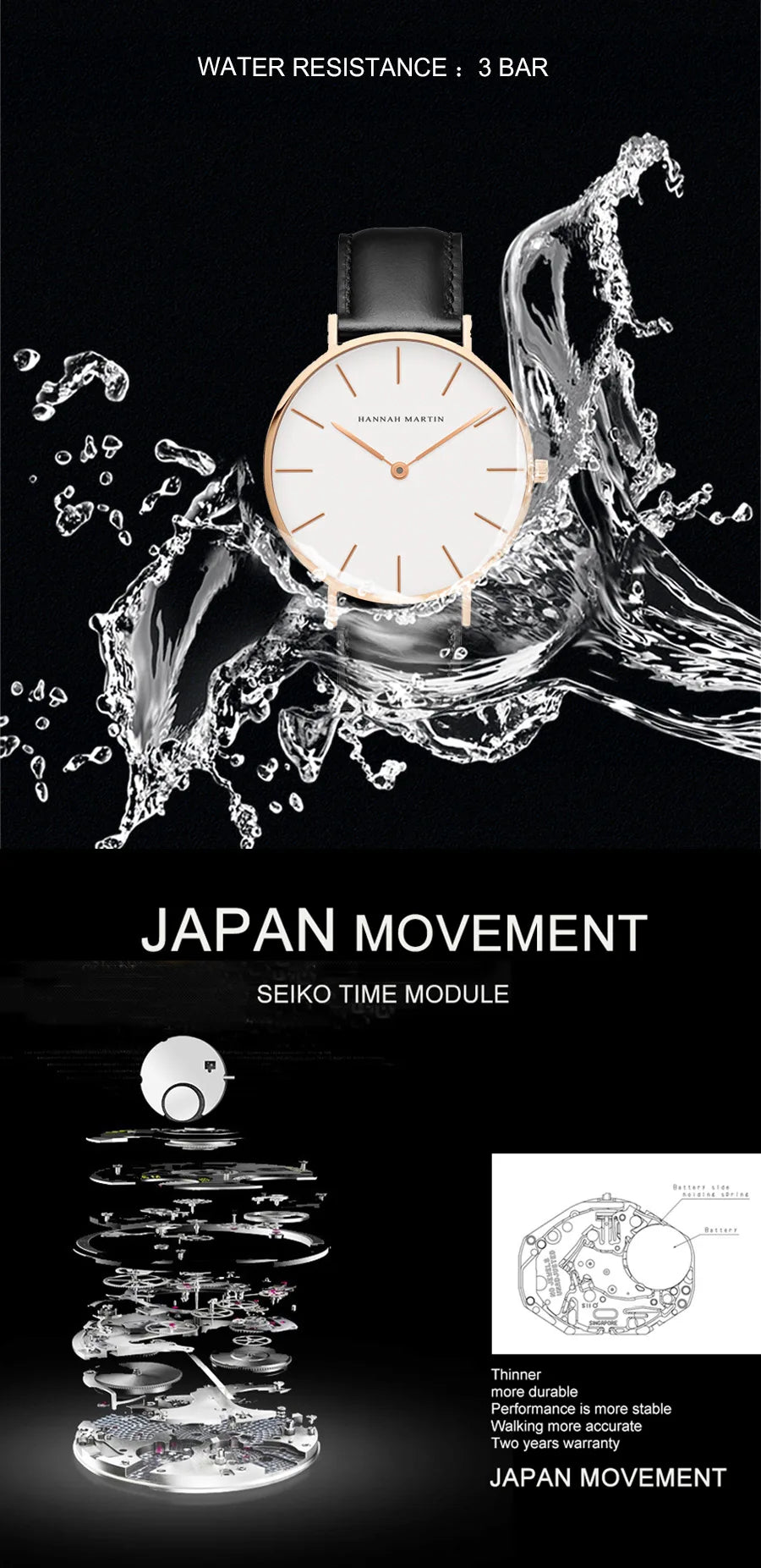 Montre Homme Hannah Martin Quartz Japonais – Bracelet Cuir Marron Argenté Étanche Fashion