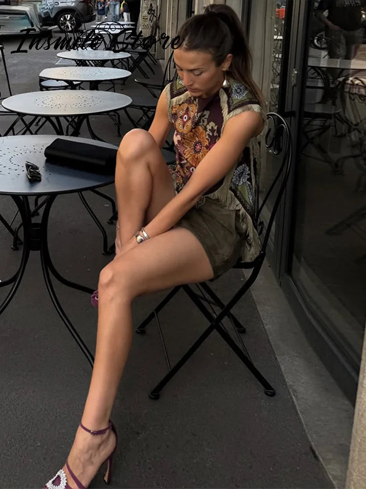 Top Gilet Imprimé Franges Irrégulier Femme Sans Manches – Style Y2K Casual Plage | Été 2026
