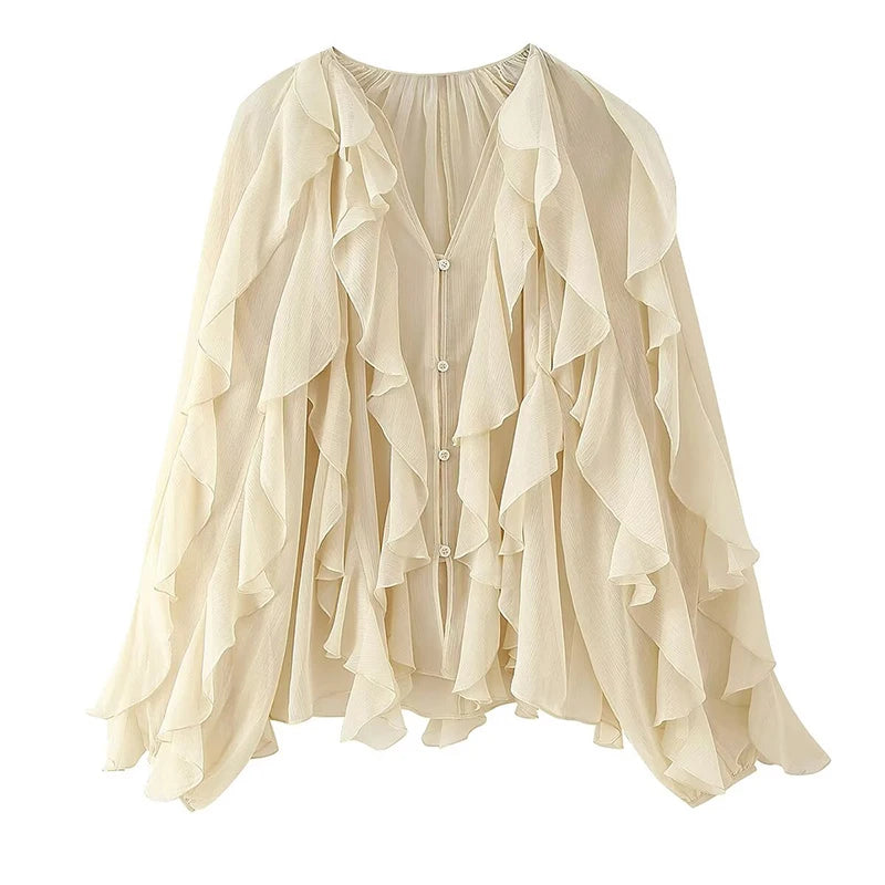 Blouse À Volants Semi-Transparente Femme Col V – Manches Longues Boutons | Style Sensuel Automne Bordeaux