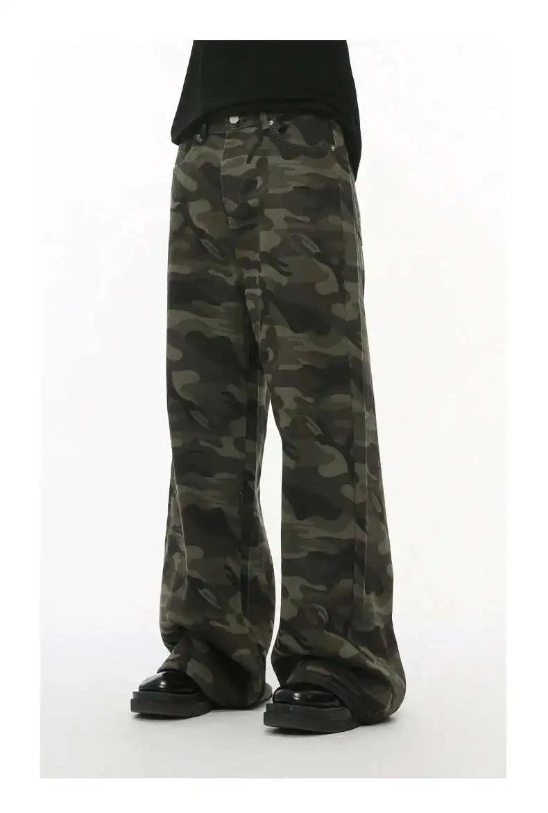 Jean für Herren, Camouflage, Vintage, Washed, weites Bein, Denim, Loose Fit, Casual, Herbst Winter, Hellblau, Streetwear, Trend, Komfortabel – Premium Camo Wide Leg Jeans | Herrenmode Denim Premium Streetwear