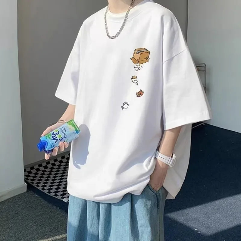 T-Shirt Oversize Unisexe Korean Fashion Imprimé Chaton Cartoon Vintage Américain Manches Courtes Loose Tendance Couple Streetwear Grande Taille M-8XL – Tee Shirt Kawaii Premium | Mode Couple Streetwear Premium