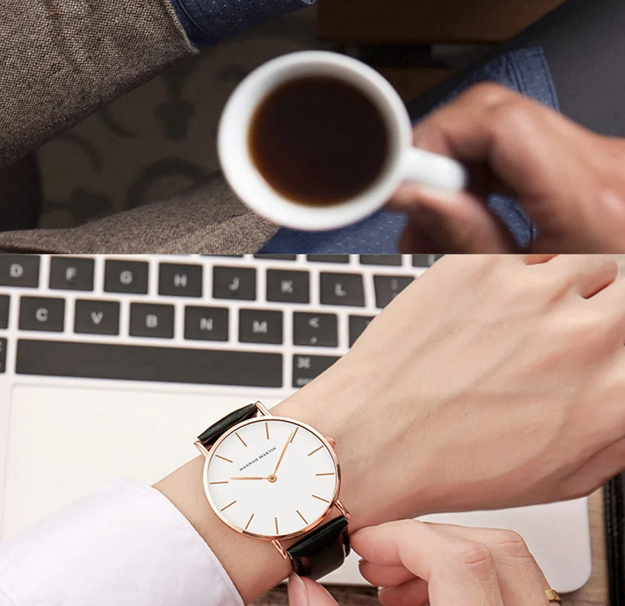 Montre Homme Hannah Martin Quartz Japonais – Bracelet Cuir Marron Argenté Étanche Fashion