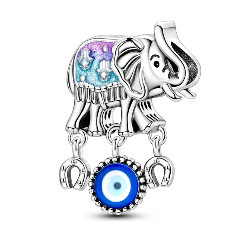 Charm Argent 925 Bleu Rotatif – Œil Démon, Main, Lune & Ciel Étoilé | Perle Pendentif Bracelet Femme | Bijou Spirituel & Mystique