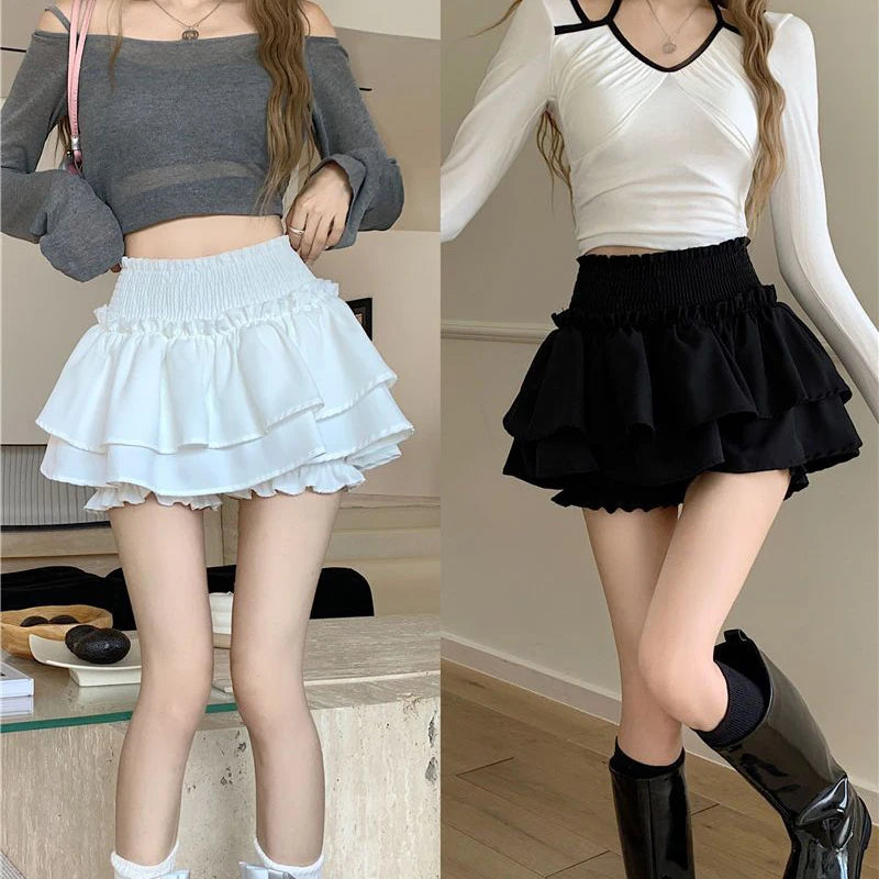 Mini Jupe Femme Balletcore Taille Haute Élastique Volantée Patchwork Lolita Style Coréen Kawaii Y2K – Jupe Courte Douce Sexy | Mode