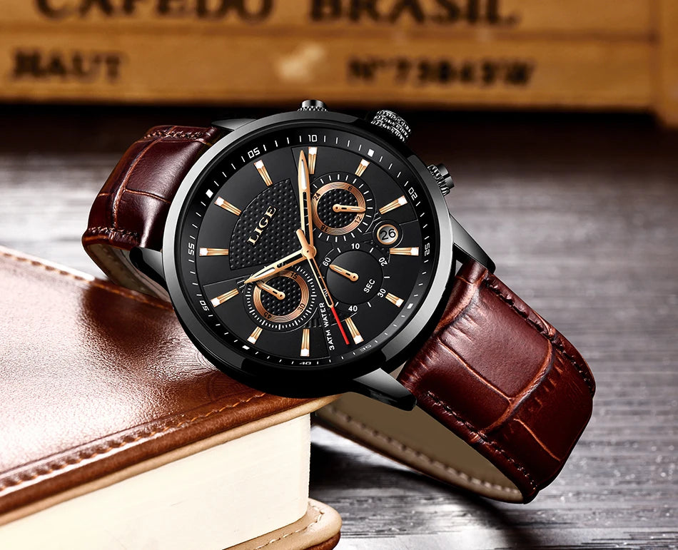 Montre Homme Luxe LIGE Chronographe Quartz Cuir – Business Sport Étanche Date 2025