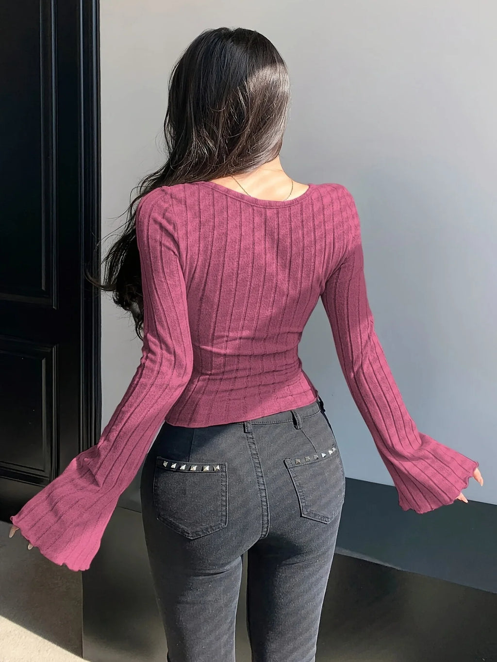 Damen Strick-Top Quadratischer Ausschnitt Langarm Überkreuzte Träger Gerippt Schmale Passform Casual – T-Shirt Streetwear Herbst Winter | Mode