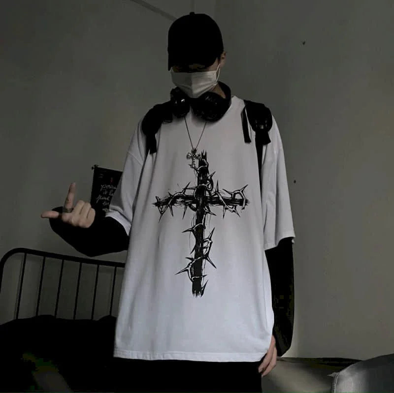 T-Shirt Homme Oversize Manches Longues Croix d'Épines Dark Hip-Hop Y2K Gothic Streetwear Été Tendance – Tee Graphique Dark Aesthetic Unisexe | Mode Streetwear Premium