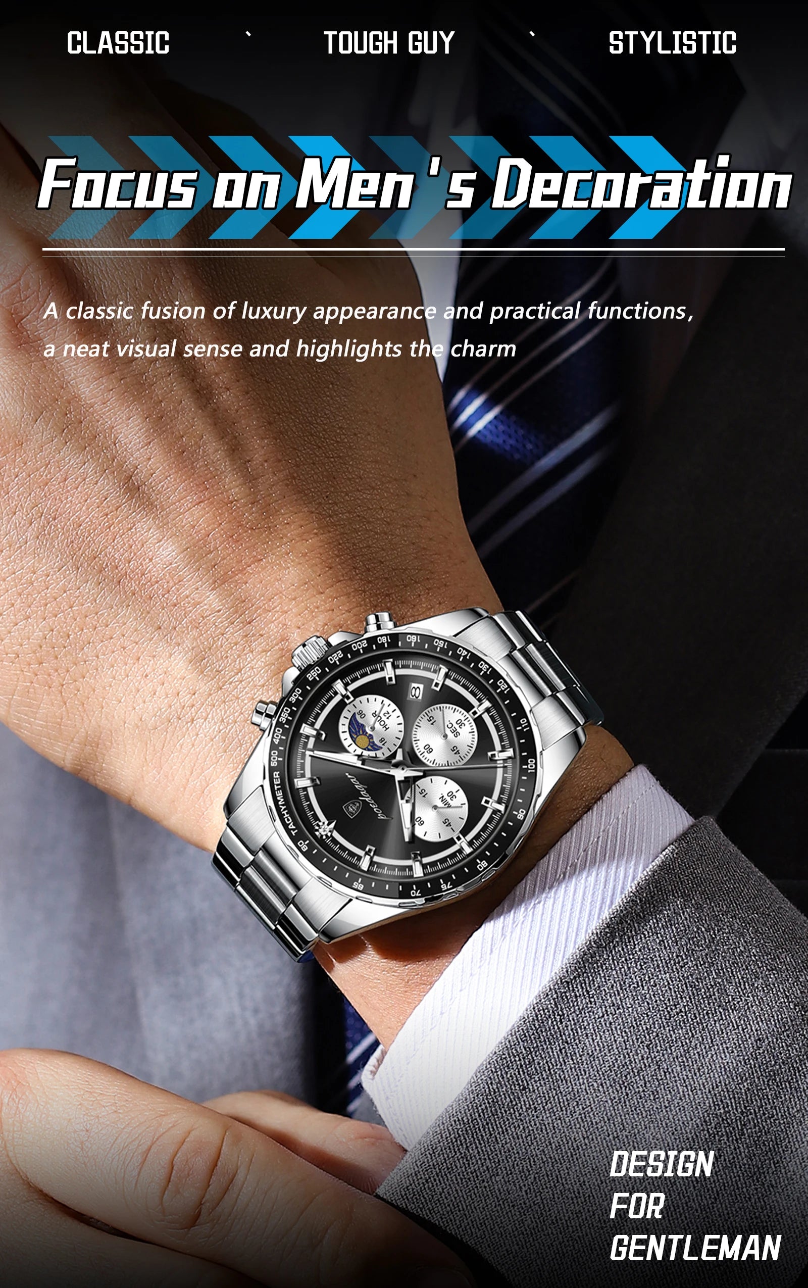 Montre Homme POEDAGAR Business Quartz Chronographe – Acier Lumineux Étanche Date Fashion