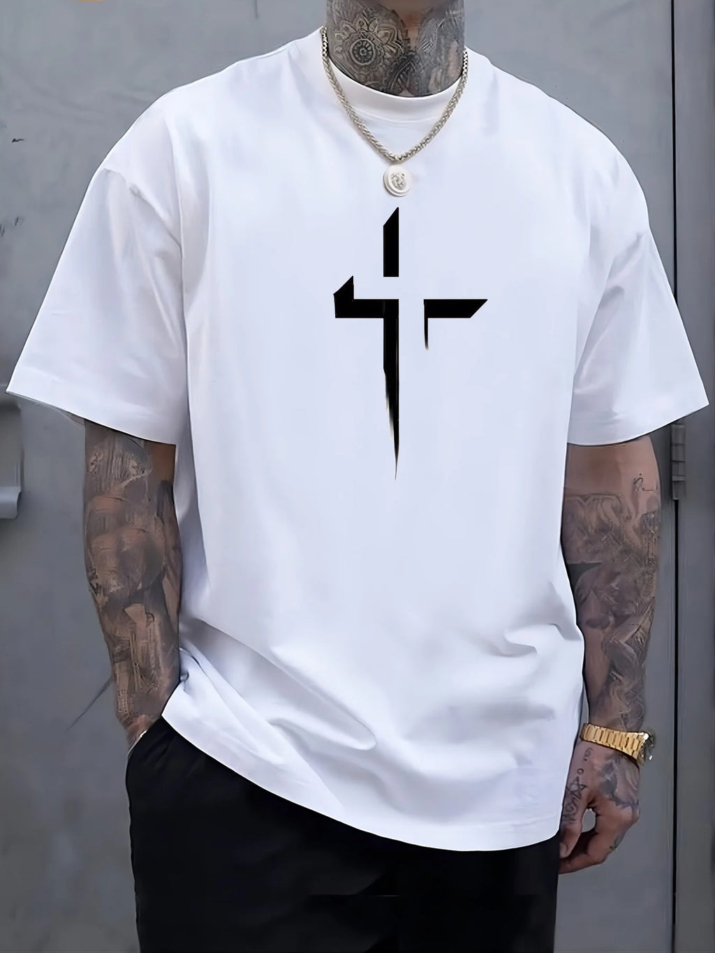 T-Shirt Homme 100% Coton Pur Imprimé Croix Créatif Loose Grande Taille Col Rond Manches Courtes Sport Casual Été Confortable | Mode Homme Tendance