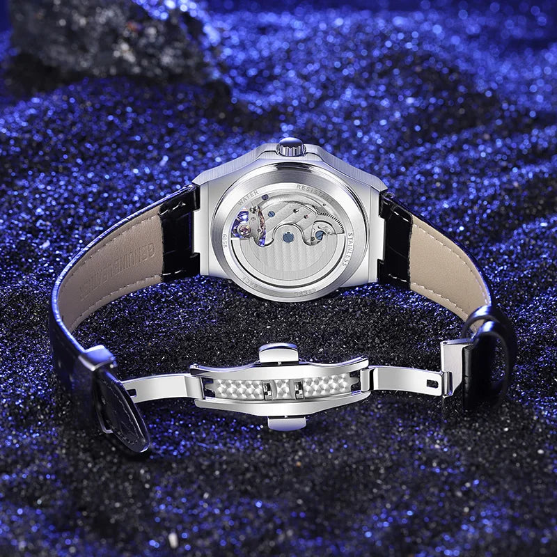 Montre Homme Tourbillon Automatique Mécanique – Lunette Gemmes Arc-en-Ciel Sport Business