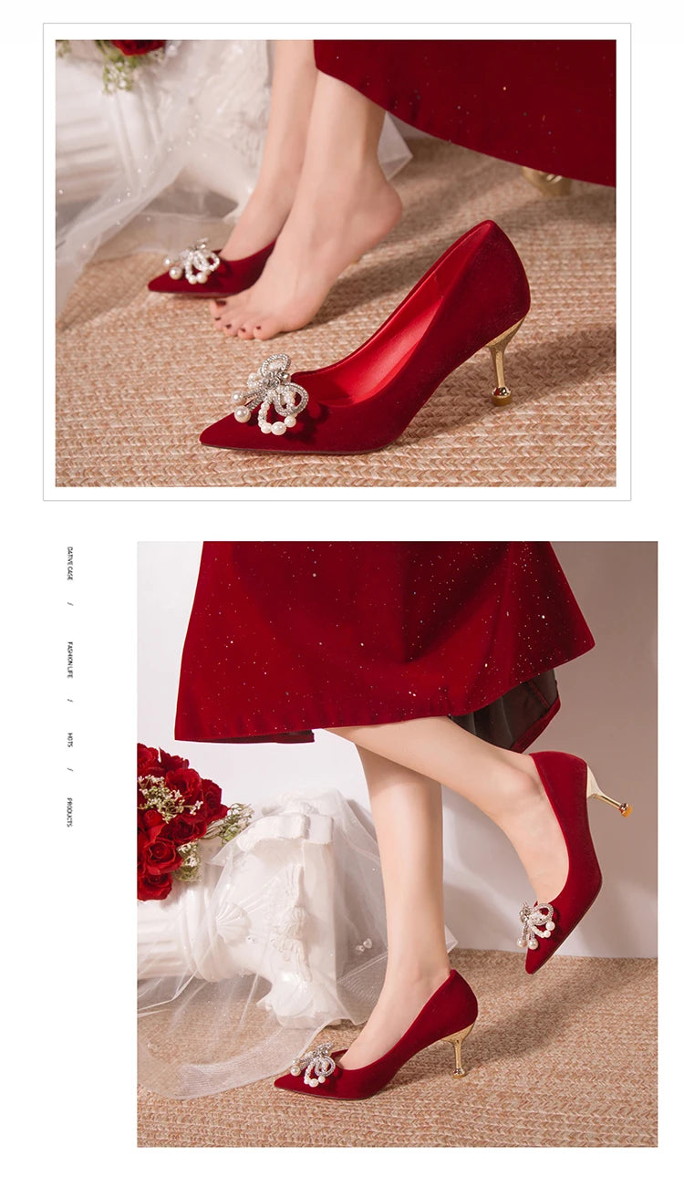 Chaussures Mariée Perle Talon Épais Bout Pointu – Xiuhe Robe Mariage Confortables