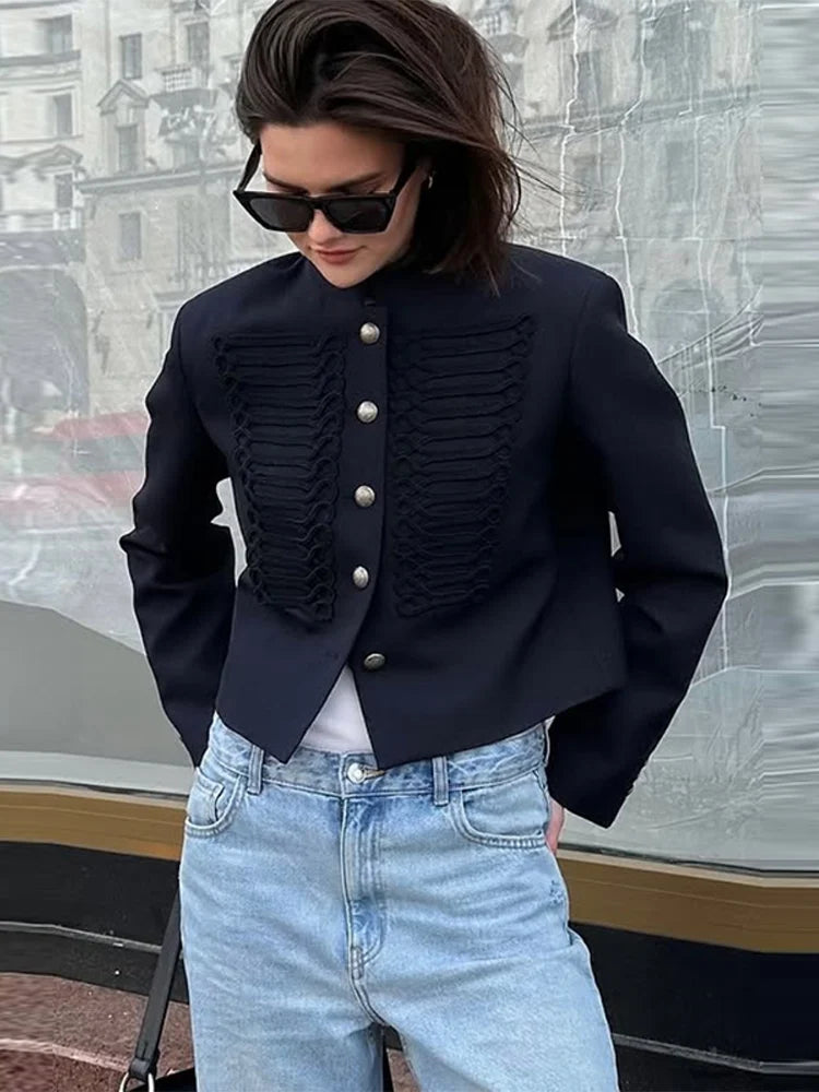 Veste Femme Velours Noir Franges Boutons Nœuds Ourlet Asymétrique Manches Longues Slim – Élégante Streetwear & Bureau