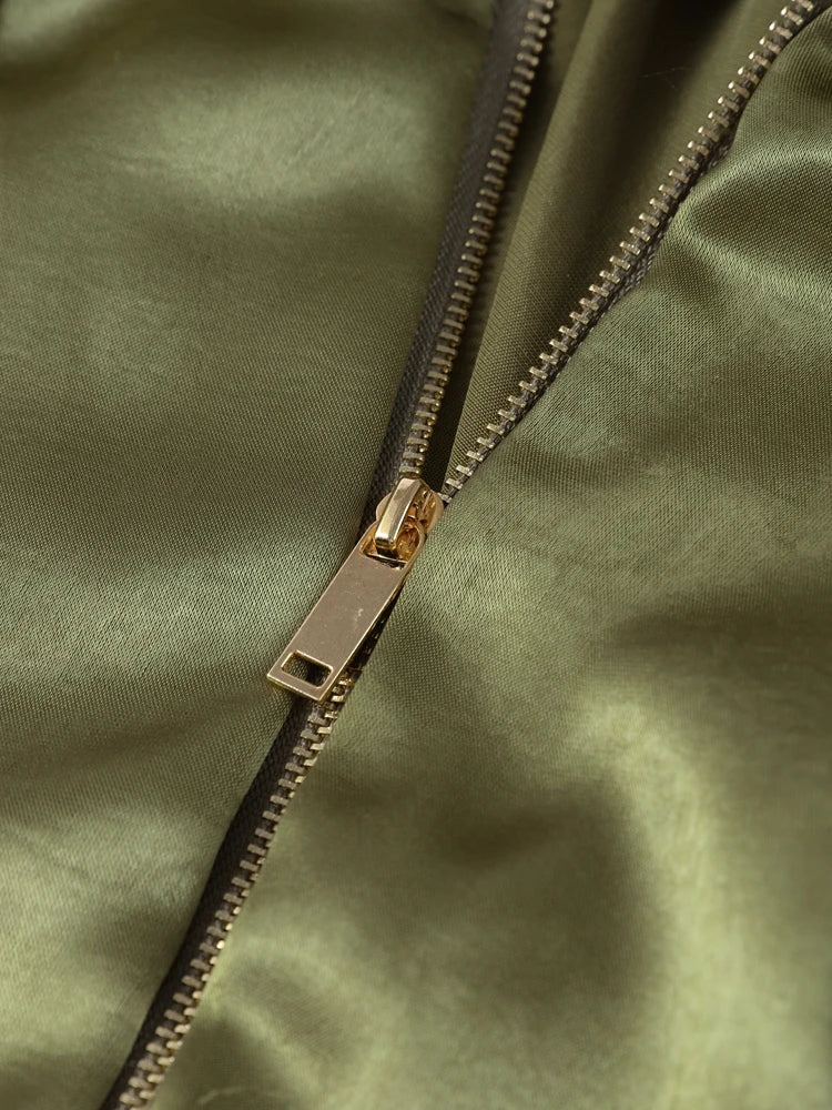 Veste Femme Suède Vert Élégante Manches Bouffantes Revers Fermeture Éclair Ample Plissée – Blouson Court Streetwear Printemps Automne | Mode 2025