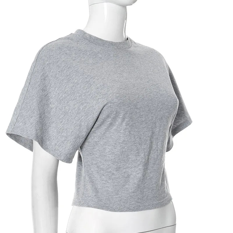 T-Shirt Crop Top Femme Gris Col Rond Style Corset – Casual Solid Streetwear | Printemps Été