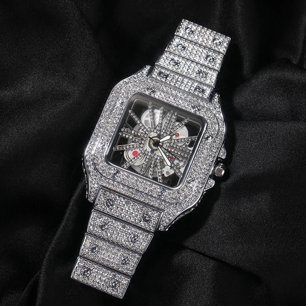 Montre Quartz Transparente Rhinestone Luxe Homme – Cadran Carré Skeleton 35mm Automatique