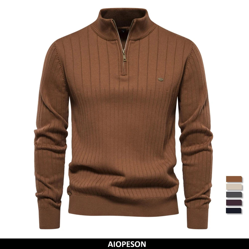 Herren-Pullover mit Reißverschluss Stehkragen Baumwollstrick – Warmer Premium-Pullover Herbst Winter