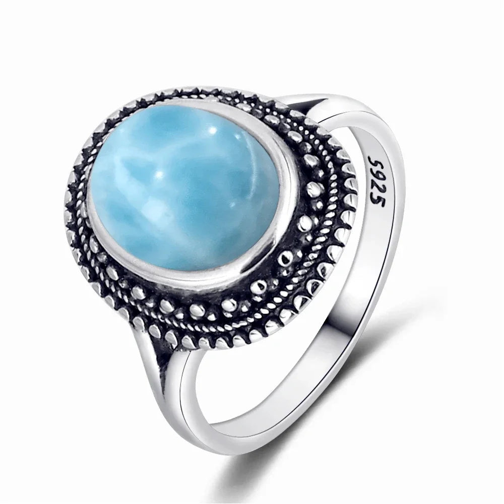 Bague Argent 925 Pierre Larimar Naturelle Vintage – Forme Fleur Ronde Bleu Ciel & Eau de Mer | Bijou Fin Unisexe Pierre Rare des Caraïbes & Cadeau Premium
