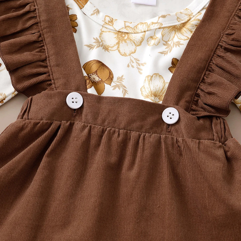 Tenue 3 Pièces Bébé Fille Fleurie – Top Manches Longues + Jupe Bretelles + Bandeau 0-12 Mois