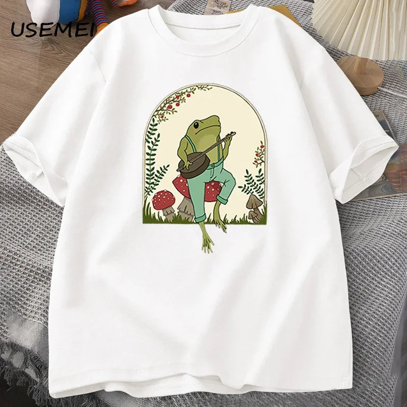 T-Shirt Homme Cottagecore Grenouille Banjo Champignon Aesthetic Coton Manches Courtes – Kawaii Nature Streetwear | Mode Homme Tendance