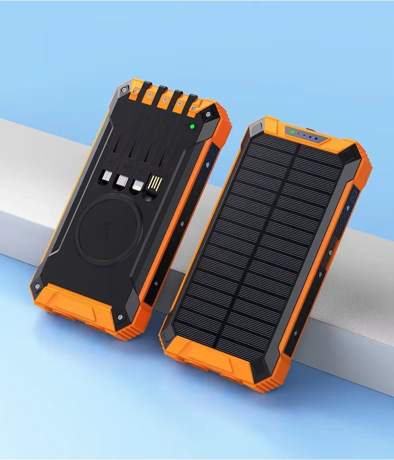 Power Bank Solaire 20000mAh – Charge Rapide Sans Fil 4 Câbles LED Lampe Torche Multifonction