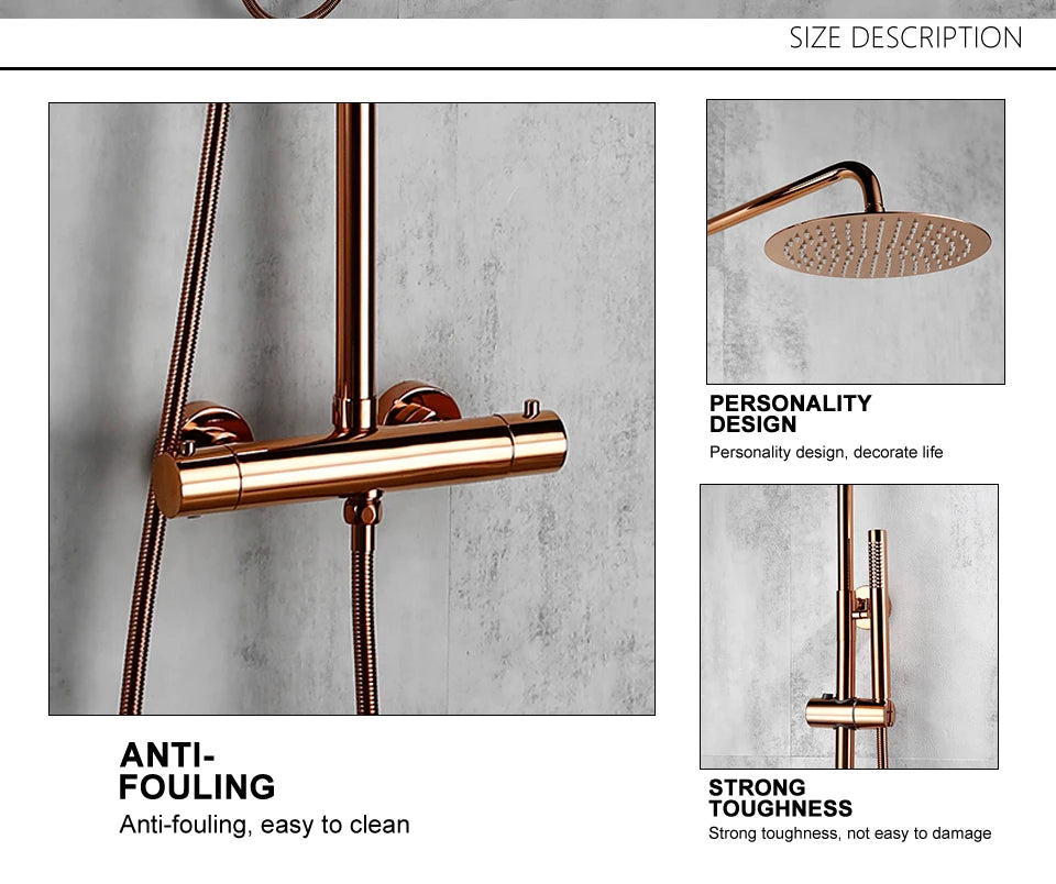Ensemble Douche Thermostatique Mural Rose Gold – Laiton, Pommeau Pluie & Mitigeur | Système Douche Luxe Salle de Bain
