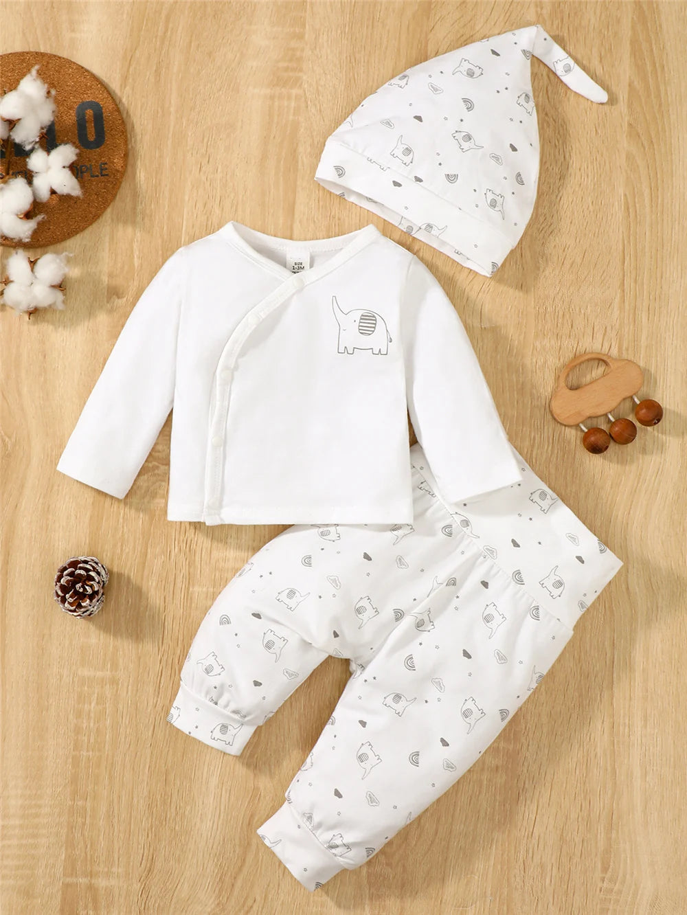 Tenue 3 Pièces Bébé Éléphant – Top Manches Longues + Pantalon + Bonnet Printemps Automne 0-9 Mois