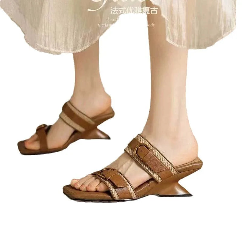 Wedges Vintage Tressé Bout Carré Femme – Boucle Ceinture Bout Ouvert Talon Haut Été