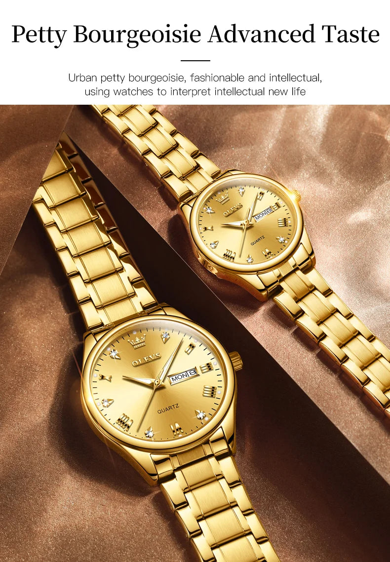 Paar-Uhr OLEVS Gold Luxus Quarz – Stahl Leuchtend Wasserdicht Datum Wochentag Trend