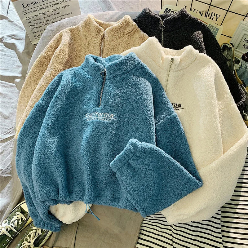 Sweat Court Femme Col Montant Polaire Brodé Cordon Manches Longues Velours Peluche Élégant – Hoodie Crop | Automne