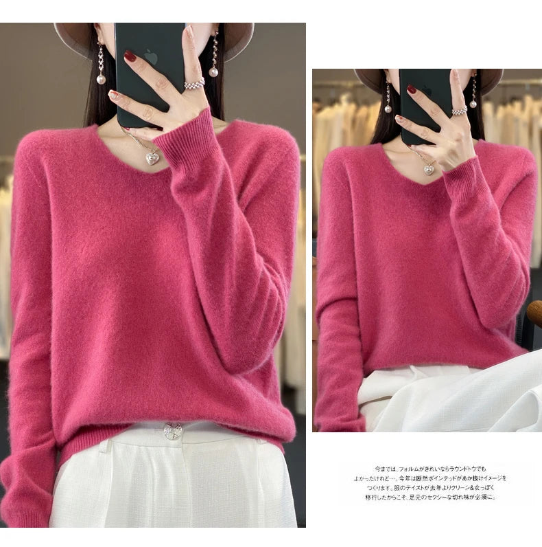 Kaschmirpullover 100% Wolle V-Ausschnitt Damen - Strick Casual Korean Fashion Herbst Winter