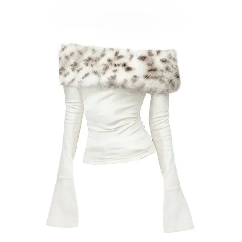Top Femme Épaules Dénudées Tube Rétro Manches Longues Peluche Gainant Sexy – Sous-Pull Chic | Hiver