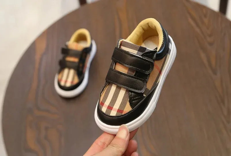 Baskets Enfant Style Coréen Carreaux Blanc – Sneakers Cuir PU Casual Unisexe 3-8 Ans