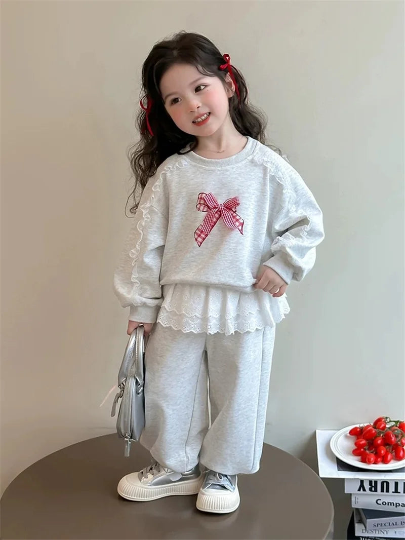 2-teiliges Set für Mädchen, Baumwolle, Spitze, Schleife – Langarm-Sweatshirt, Jogginghose für Kinder 2025