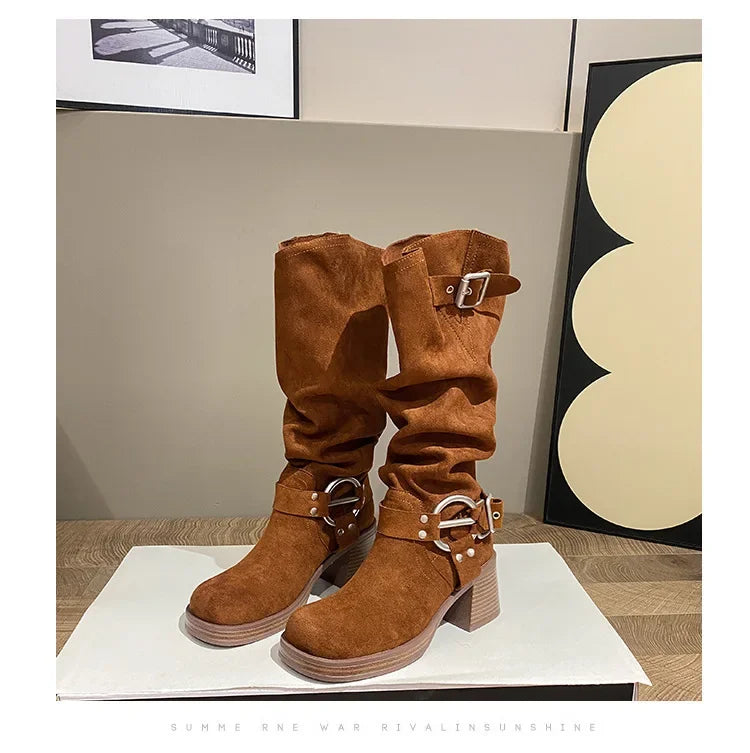 Bottes Cowboy Femme Marron Vintage Boucle Métal 2024 – Talon Carré Longues Knight Fashion