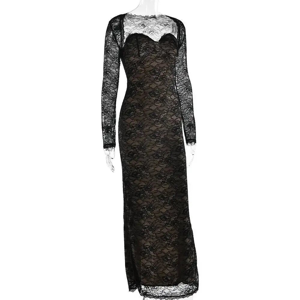 Damen Langes Maxikleid Spitze Eng Anliegend Sexy Bodycon Schal Futter – Elegante Abendgesellschaft | Townlike