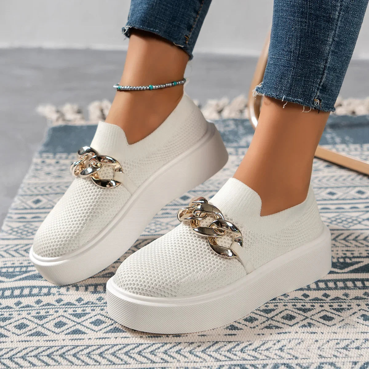 Ballerines Plateforme Noires Chaîne Métal Femme 2025 – Loafers Mesh Oxford Designer Casual