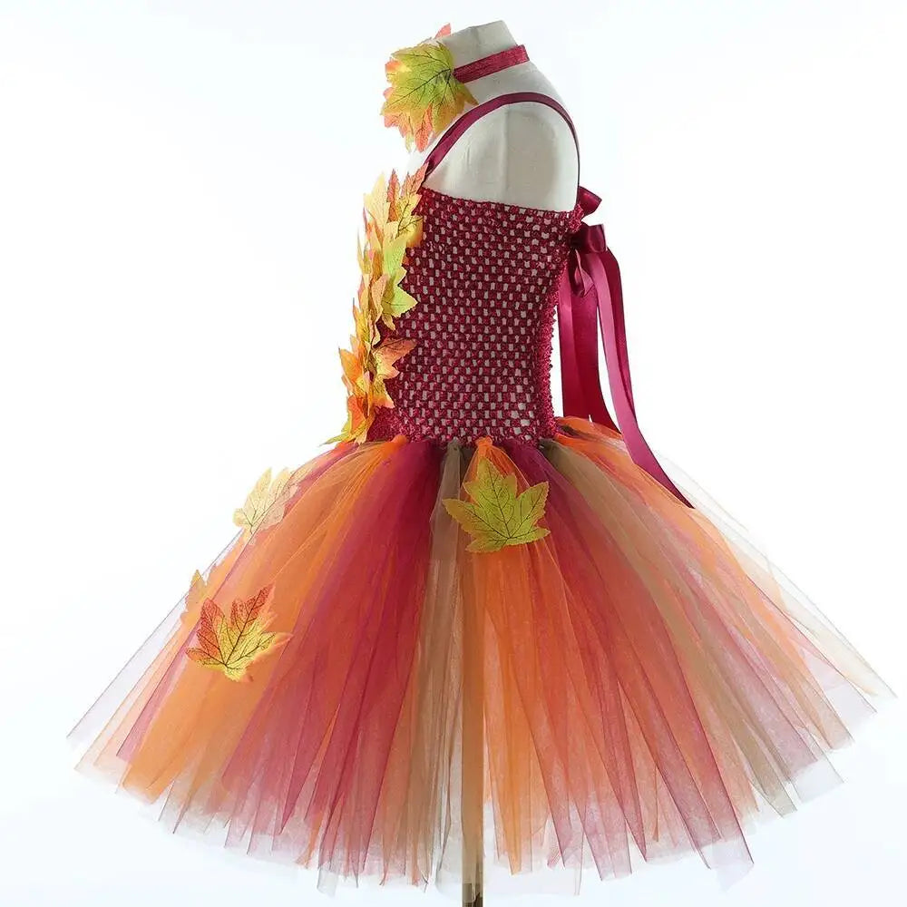Déguisement Fée des Forêts Fille – Robe Elfe Princesse Feuilles d'Automne avec Ailes Halloween Noël