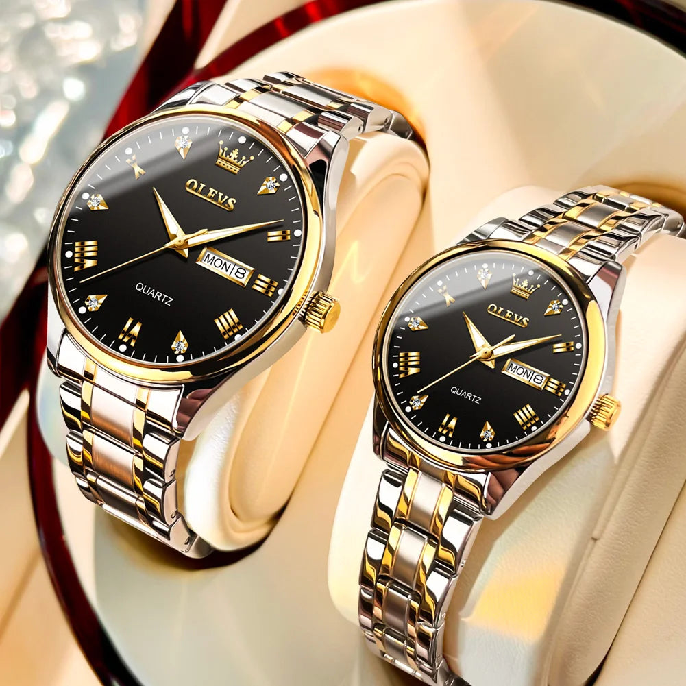 Montre Couple OLEVS Or Luxe Quartz – Acier Lumineux Étanche Date Semaine Tendance