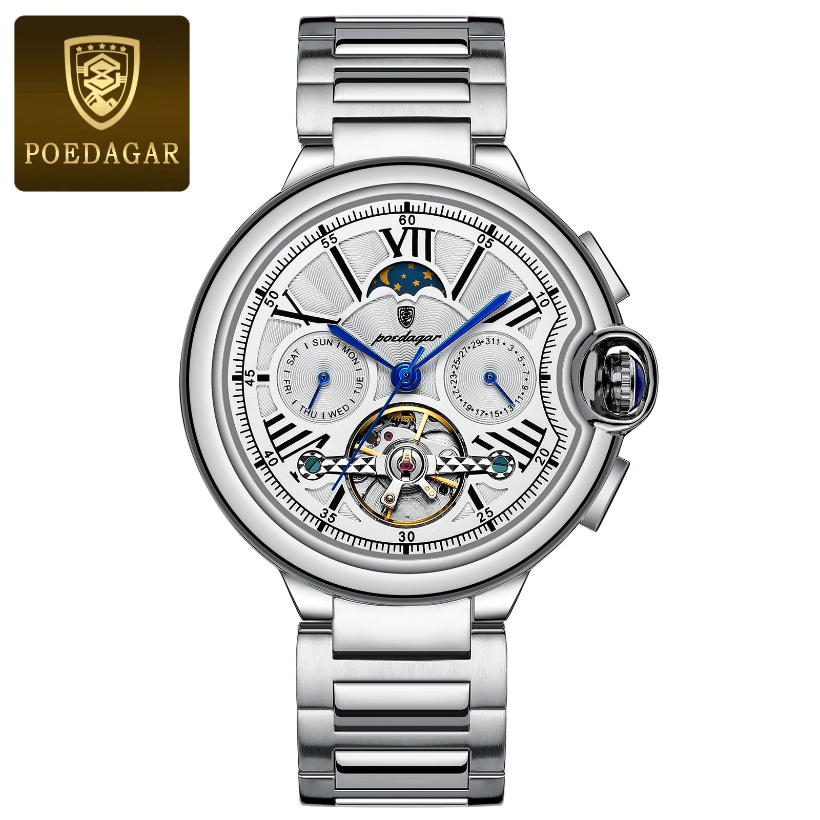 Montre Homme POEDAGAR Tourbillon Automatique Militaire – Acier Date Semaine Étanche