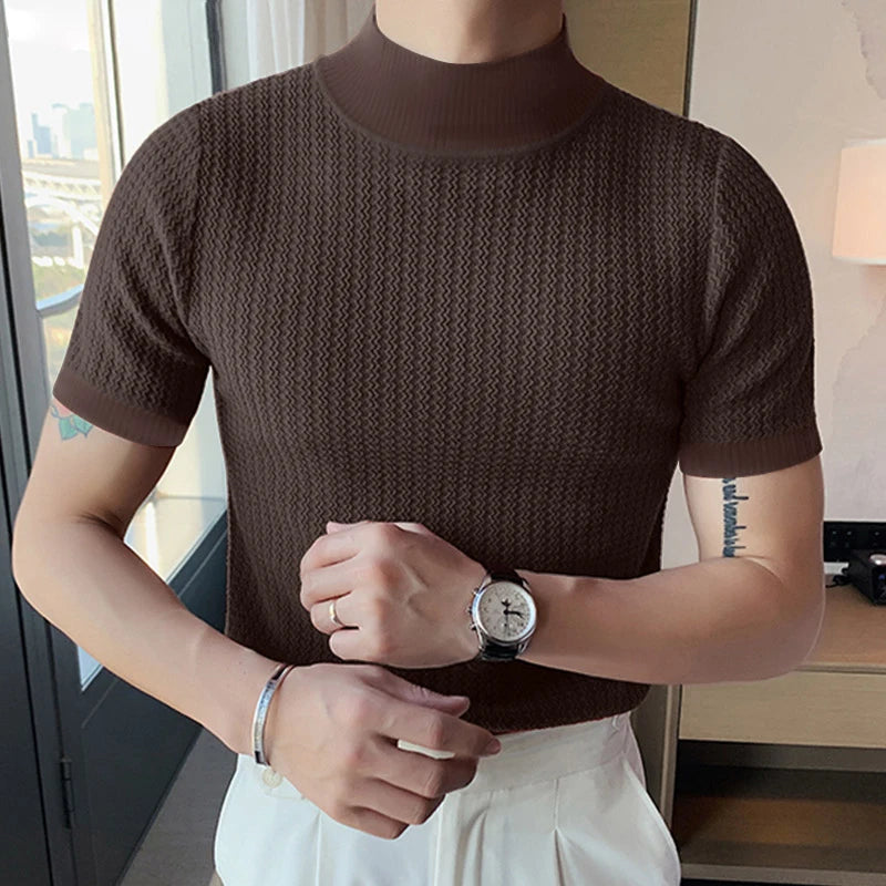 T-Shirt Homme Moulant Col Haut Texturé Couleur Unie Manches Courtes Style Coréen K-Fashion Streetwear Casual Été | Tee Shirt Col Haut K-Fashion Premium