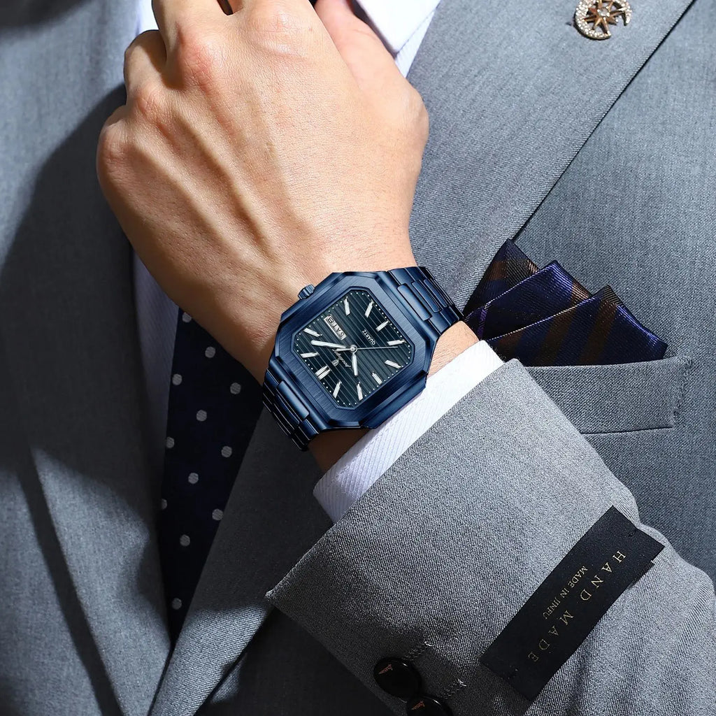 Montre Carrée Luxe Homme Poedagar – Quartz Étanche Lumineuse Date Semaine Acier Inoxydable Fashion