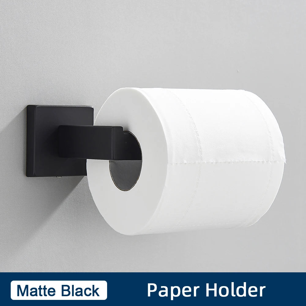 Set Accessoires Salle de Bain Inox – Porte-Serviettes, Porte-Papier & Crochet | Noir & Or Mural