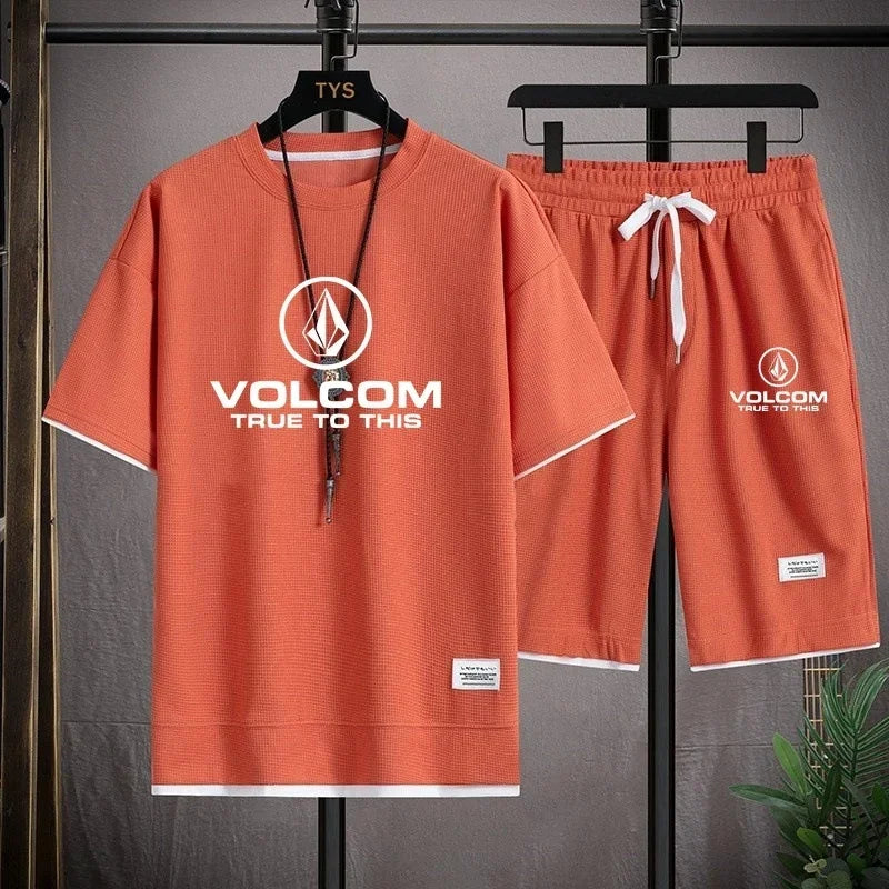 VOLCOM Ensemble T-shirt + Short Sport Homme Été – Waffle Imprimé Casual Sportswear